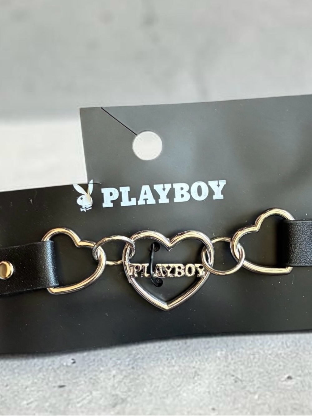 PLAYBOY Black Leather Heart-Link Belt with Silver-Tone Logo